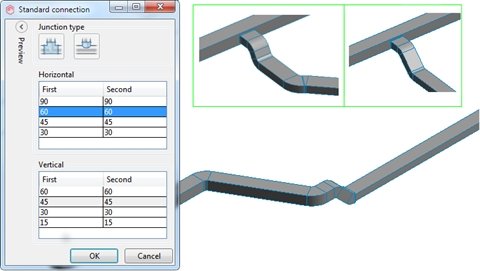 Functia “Standard Connection” pentru tubulaturi rectangulare contine mai multe metode de modelare, economisind timp